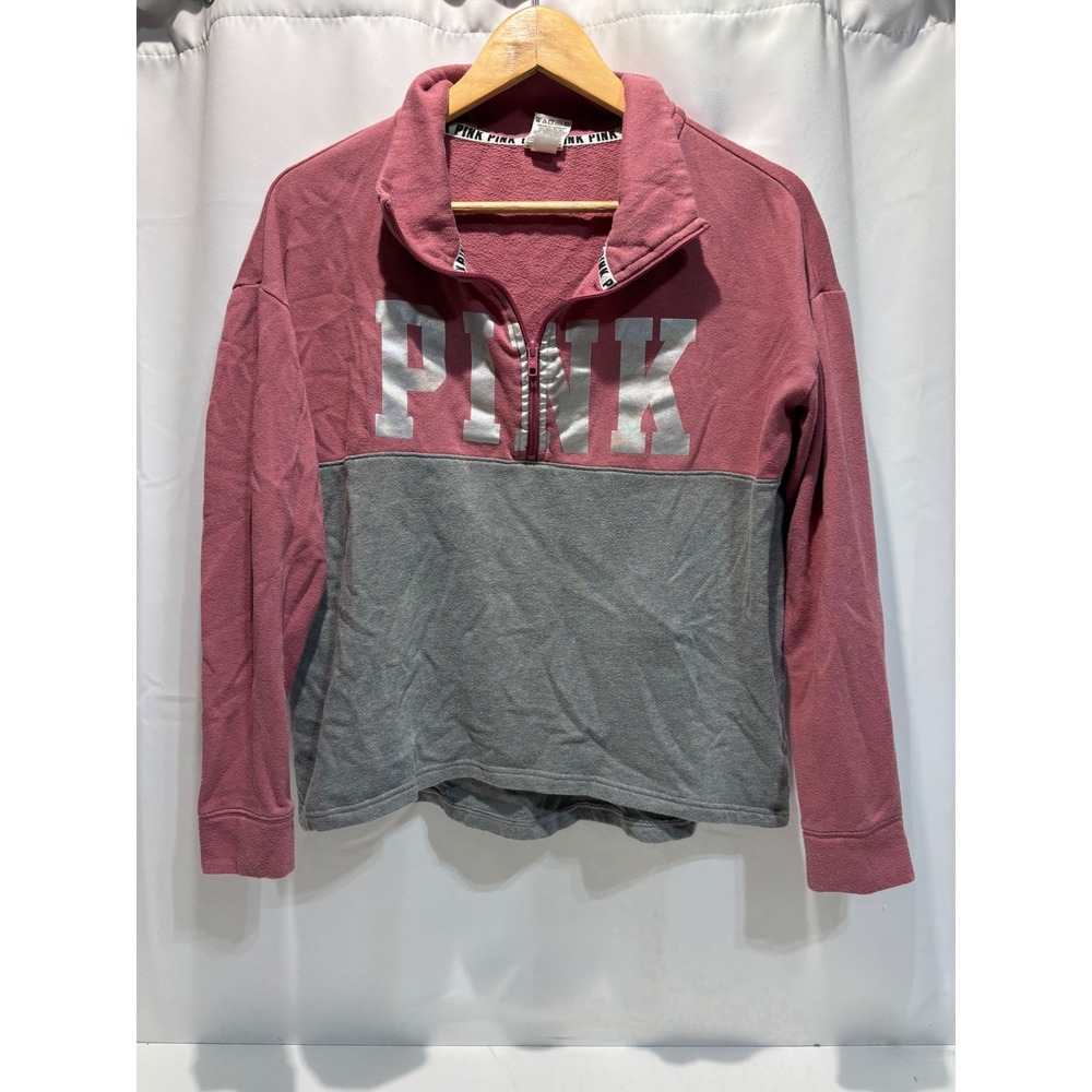 Pink Victoria's Secret Pullover Women Small Pink Gray Quarter Zip Foil Logo